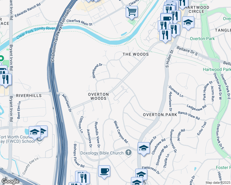 map of restaurants, bars, coffee shops, grocery stores, and more near 4911 Westbriar Drive in Fort Worth