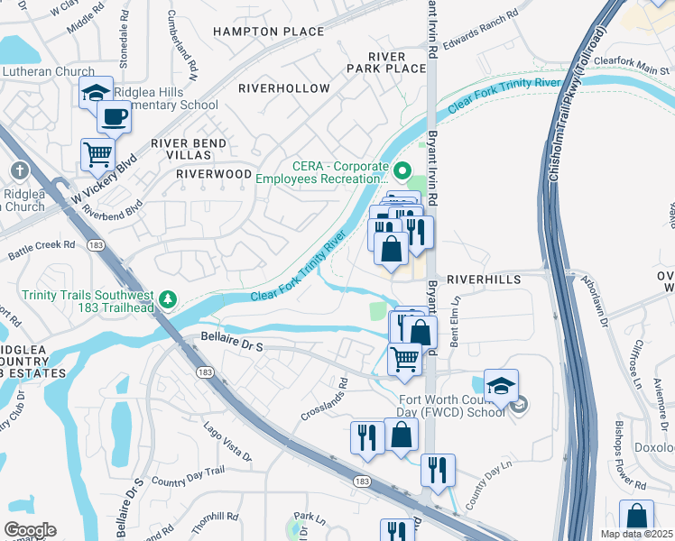 map of restaurants, bars, coffee shops, grocery stores, and more near 3964 Watercourse Drive in Fort Worth