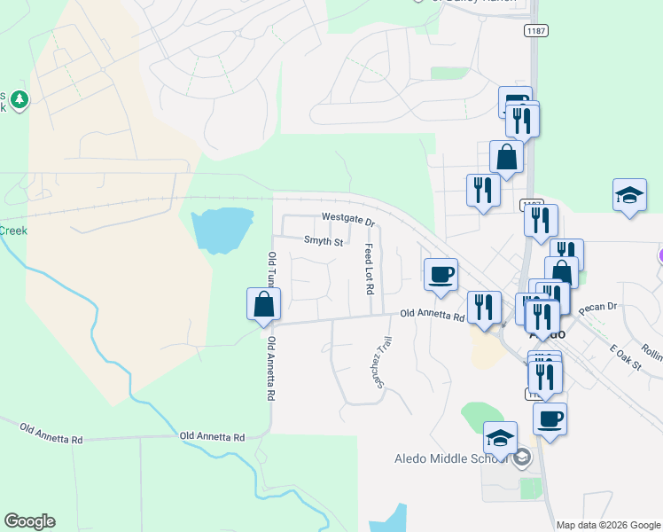 map of restaurants, bars, coffee shops, grocery stores, and more near 120 Yates Circle in Aledo