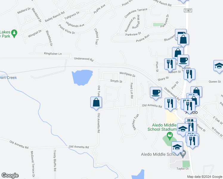 map of restaurants, bars, coffee shops, grocery stores, and more near 135 Yates Circle in Aledo