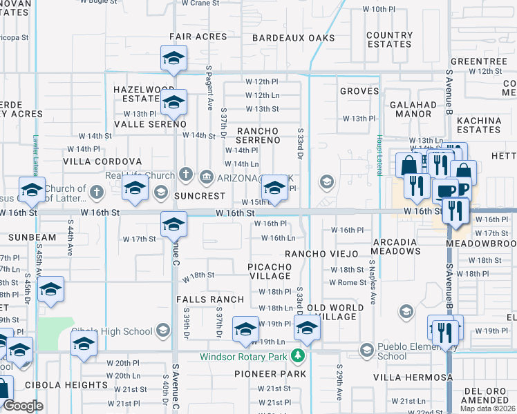 map of restaurants, bars, coffee shops, grocery stores, and more near 3276-3652 West 16th Street in Yuma