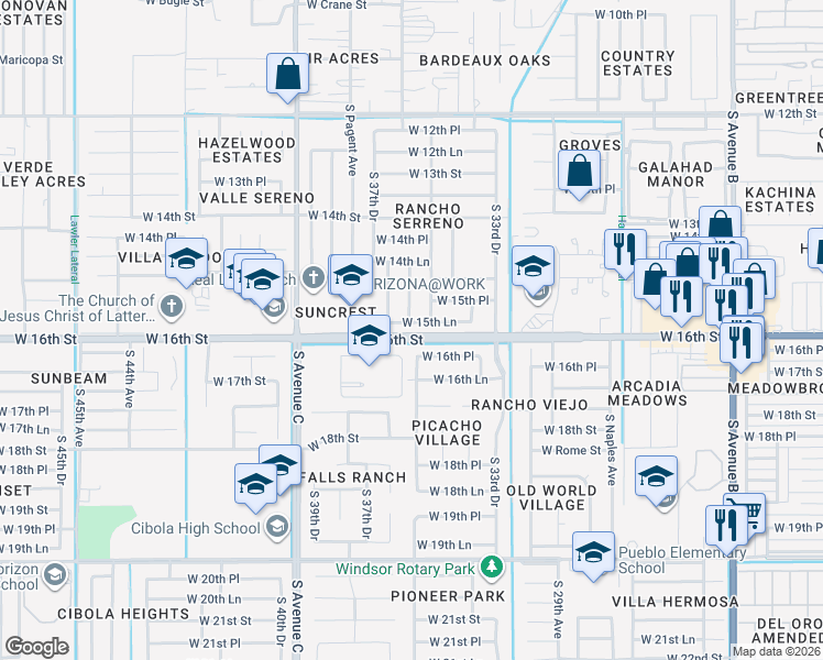 map of restaurants, bars, coffee shops, grocery stores, and more near 3276-3652 West 16th Street in Yuma
