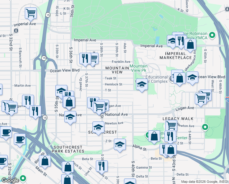 map of restaurants, bars, coffee shops, grocery stores, and more near 3873 T Street in San Diego
