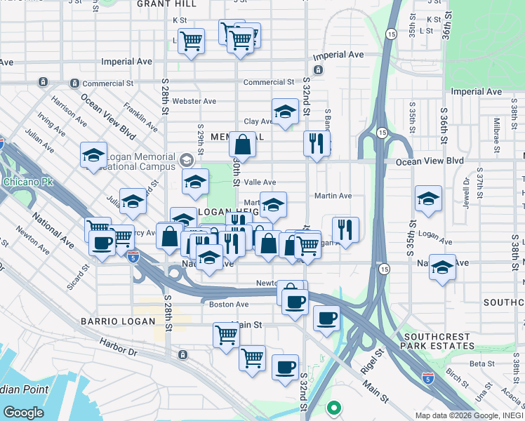 map of restaurants, bars, coffee shops, grocery stores, and more near 730 South 31st Street in San Diego