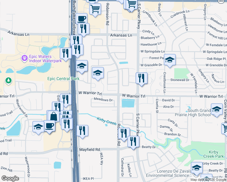 map of restaurants, bars, coffee shops, grocery stores, and more near 1003 Cedarbrook Drive in Grand Prairie
