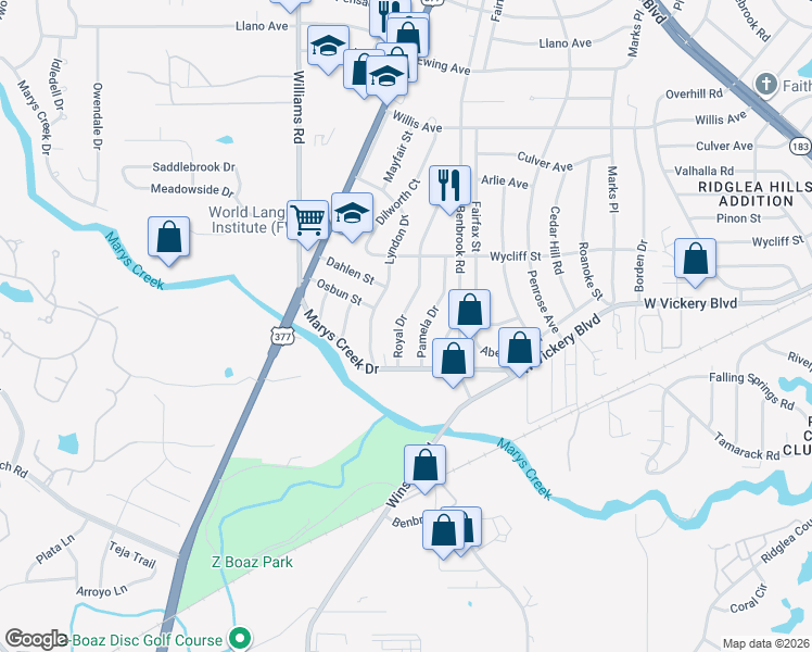 map of restaurants, bars, coffee shops, grocery stores, and more near 5076 Royal Drive in Fort Worth