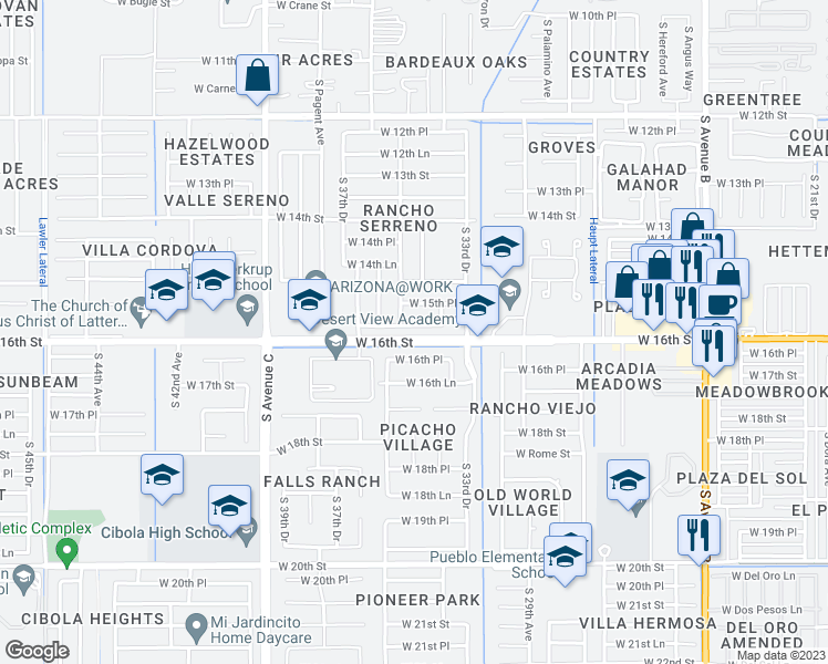 map of restaurants, bars, coffee shops, grocery stores, and more near 3517 West 15th Lane in Yuma