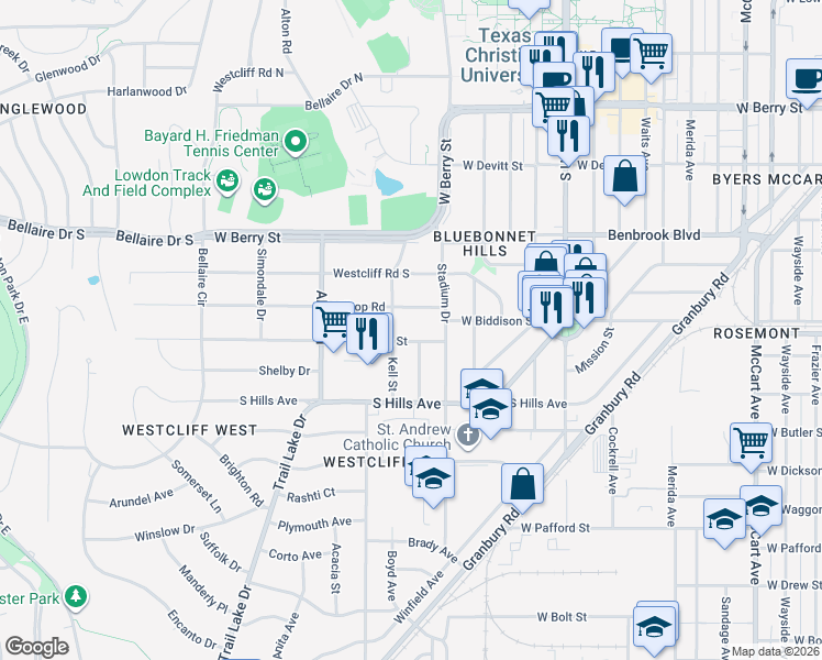 map of restaurants, bars, coffee shops, grocery stores, and more near 3424 West Biddison Street in Fort Worth