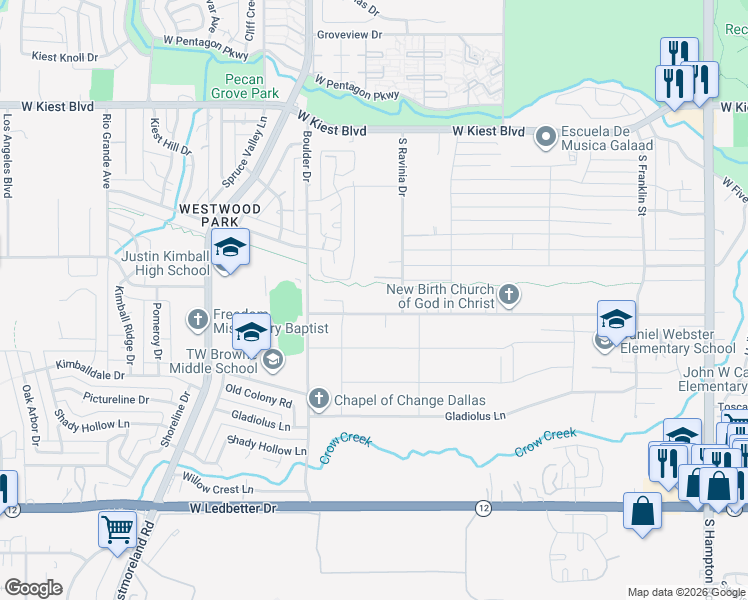 map of restaurants, bars, coffee shops, grocery stores, and more near 3107 Gibbs Williams Road in Dallas