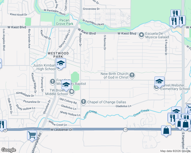 map of restaurants, bars, coffee shops, grocery stores, and more near 3107 Gibbs Williams Road in Dallas