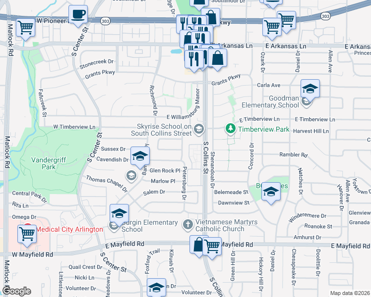 map of restaurants, bars, coffee shops, grocery stores, and more near 2725 Petersburg Drive in Arlington