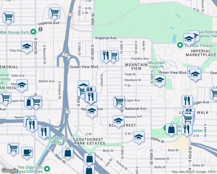 map of restaurants, bars, coffee shops, grocery stores, and more near 711 South 37th Street in San Diego