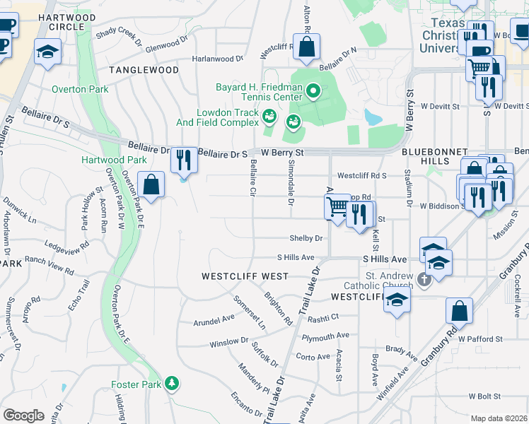 map of restaurants, bars, coffee shops, grocery stores, and more near 3736 W Biddison St in Fort Worth