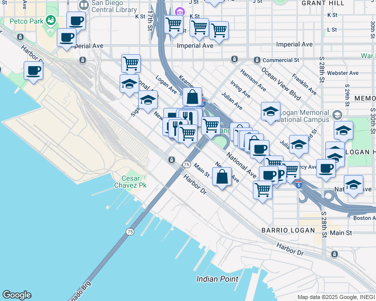 map of restaurants, bars, coffee shops, grocery stores, and more near 1950 Main Street in San Diego