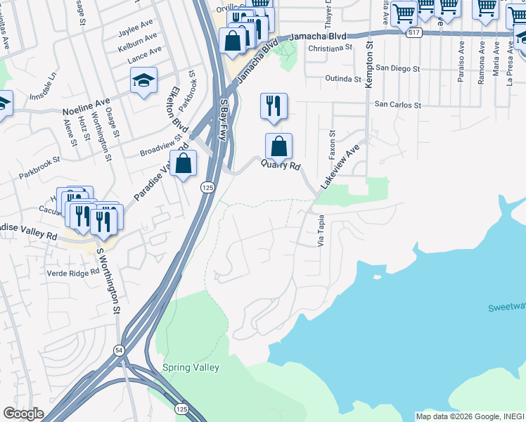 map of restaurants, bars, coffee shops, grocery stores, and more near 8876 Leigh Avenue in Spring Valley
