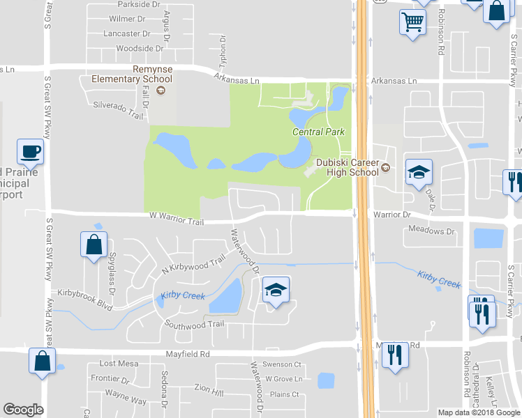 map of restaurants, bars, coffee shops, grocery stores, and more near 1915 Winding Ridge Trail in Grand Prairie