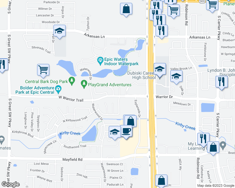 map of restaurants, bars, coffee shops, grocery stores, and more near 3029 Green Vista Court in Grand Prairie