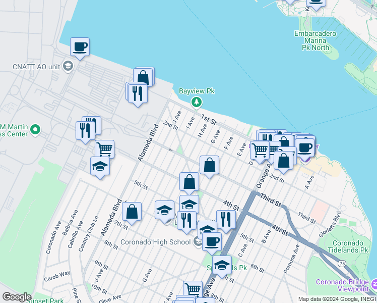 map of restaurants, bars, coffee shops, grocery stores, and more near 260 H Avenue in Coronado