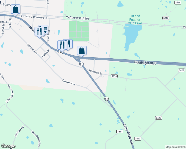 map of restaurants, bars, coffee shops, grocery stores, and more near 205 Corky Boyd Avenue in Wills Point