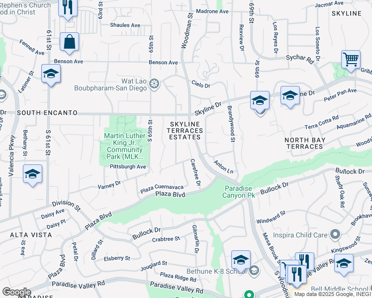 map of restaurants, bars, coffee shops, grocery stores, and more near 697 Leghorn Avenue in San Diego