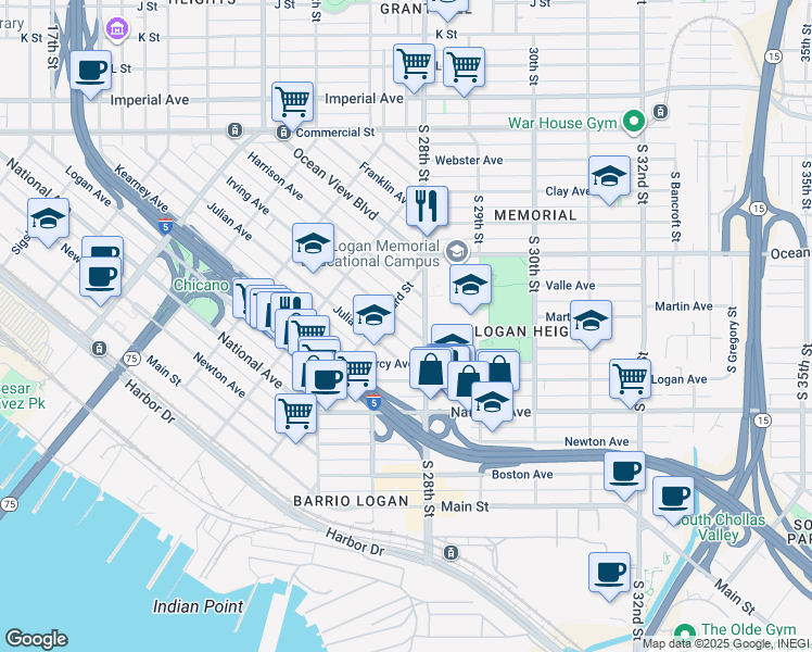 map of restaurants, bars, coffee shops, grocery stores, and more near 2342 Julian Avenue in San Diego