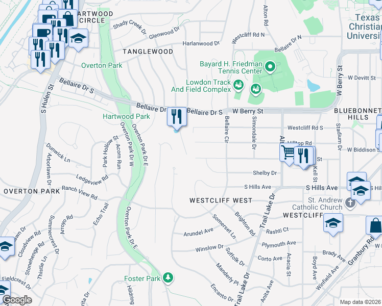 map of restaurants, bars, coffee shops, grocery stores, and more near 3848 West Biddison Street in Fort Worth