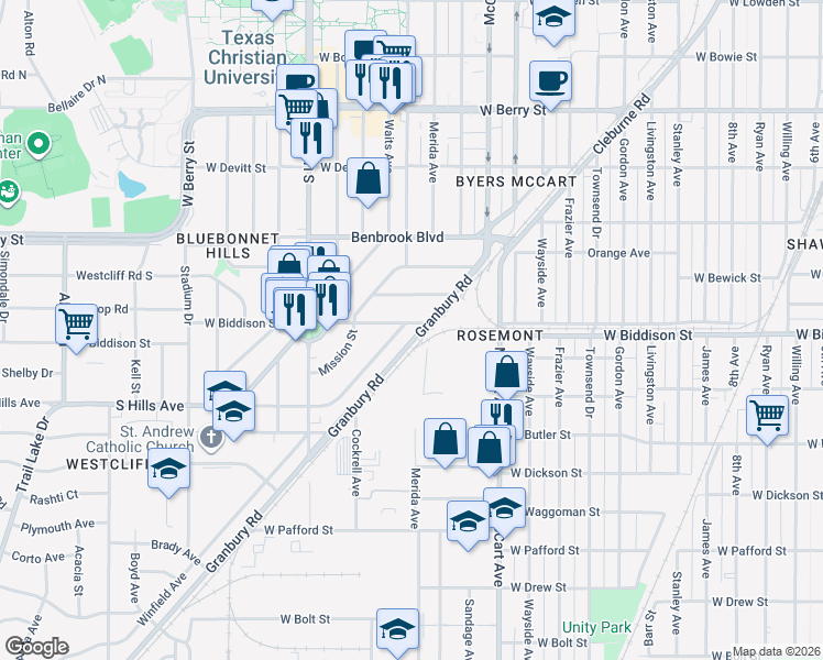 map of restaurants, bars, coffee shops, grocery stores, and more near 2709 Biddison Street in Fort Worth