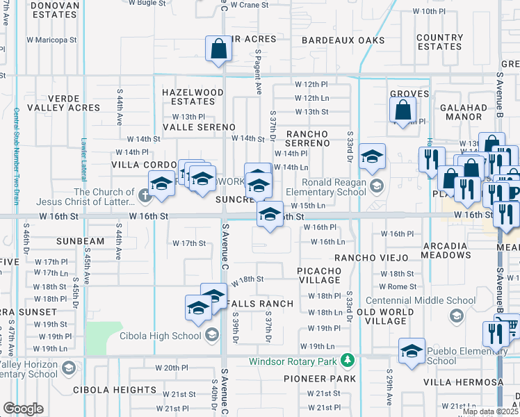 map of restaurants, bars, coffee shops, grocery stores, and more near 3834 West 16th Street in Yuma