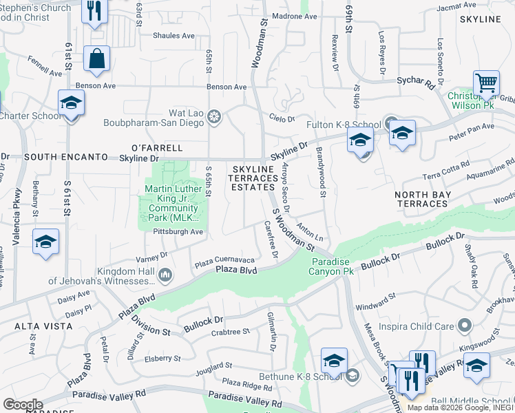 map of restaurants, bars, coffee shops, grocery stores, and more near 697 Leghorn Avenue in San Diego