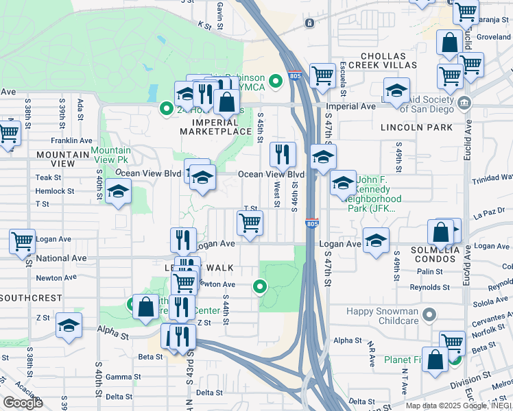 map of restaurants, bars, coffee shops, grocery stores, and more near 646 South 45th Street in San Diego