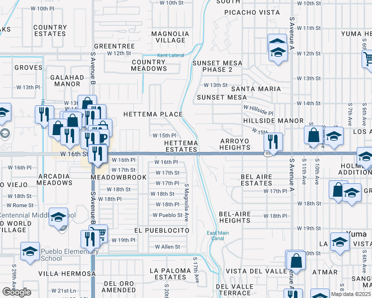 map of restaurants, bars, coffee shops, grocery stores, and more near 1863 West 15th Lane in Yuma