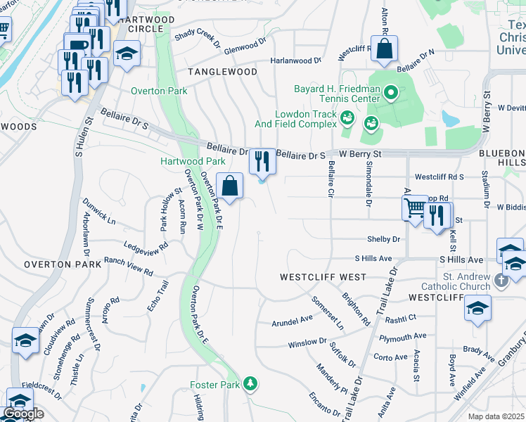 map of restaurants, bars, coffee shops, grocery stores, and more near 3417 Autumn Court in Fort Worth