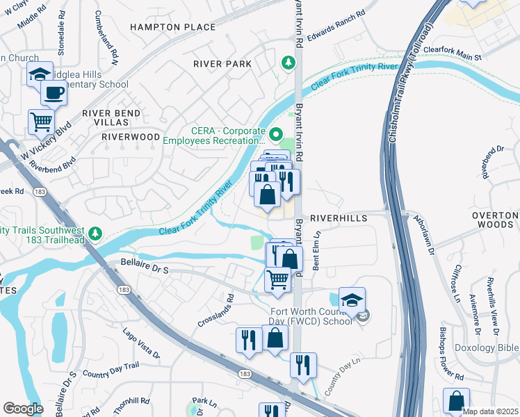 map of restaurants, bars, coffee shops, grocery stores, and more near 5828 Arborlawn Drive in Fort Worth