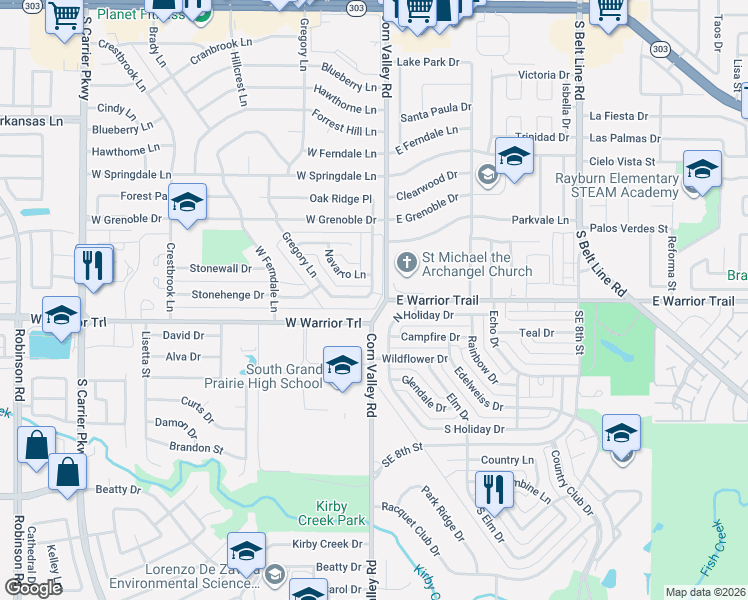 map of restaurants, bars, coffee shops, grocery stores, and more near 308 West Warrior Trail in Grand Prairie