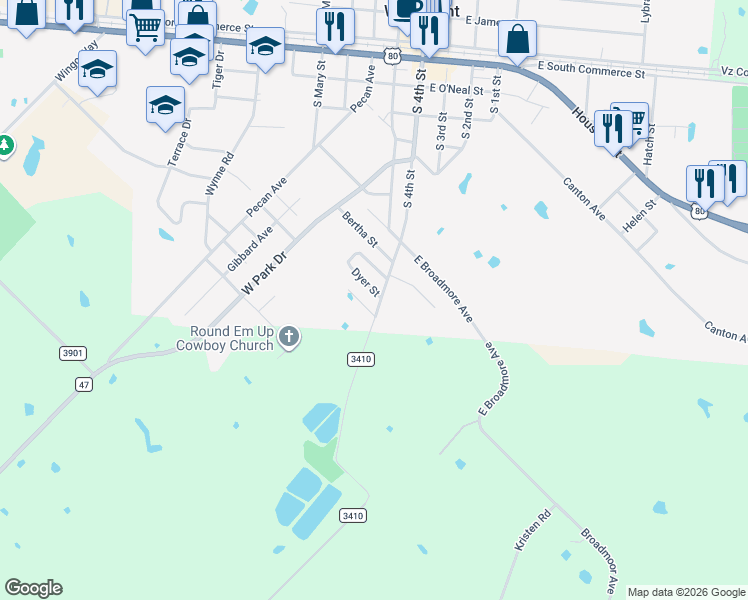 map of restaurants, bars, coffee shops, grocery stores, and more near 1116 South 4th Street in Wills Point