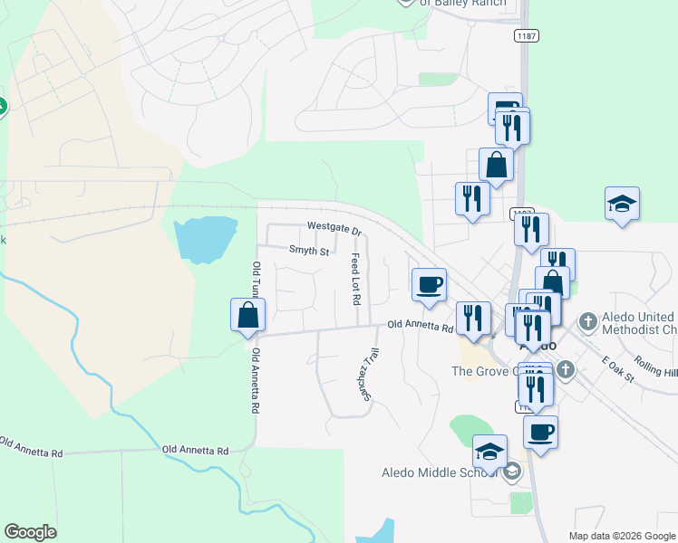 map of restaurants, bars, coffee shops, grocery stores, and more near 201 Westgate Drive in Aledo