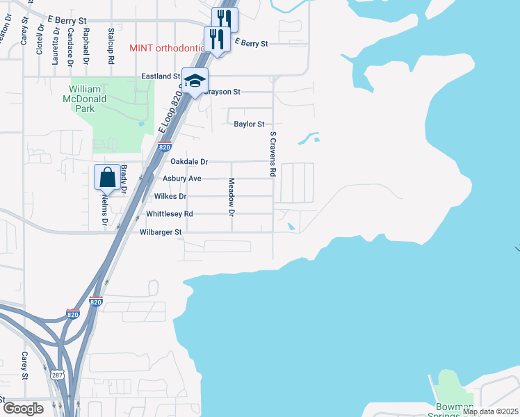 map of restaurants, bars, coffee shops, grocery stores, and more near 4316 South Cravens Road in Fort Worth