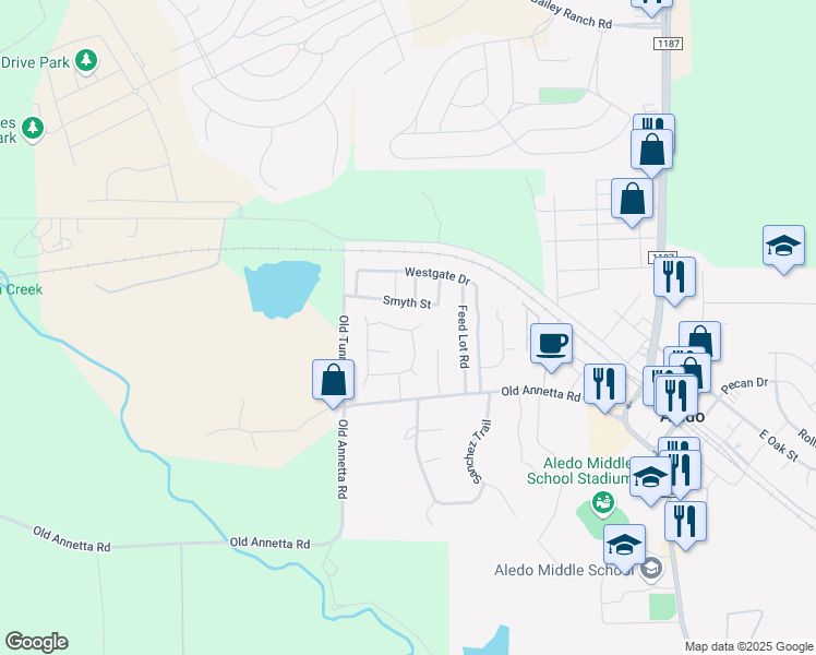 map of restaurants, bars, coffee shops, grocery stores, and more near 106 Yates Circle in Aledo