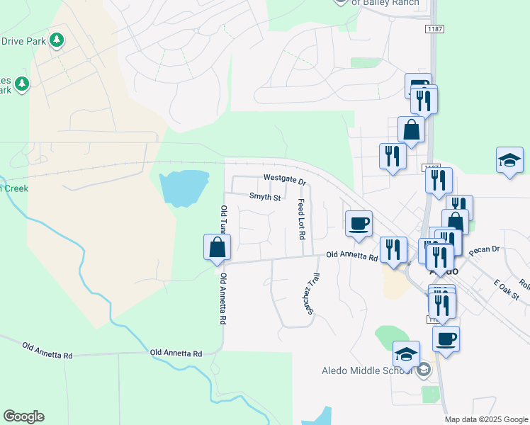 map of restaurants, bars, coffee shops, grocery stores, and more near 108 Yates Circle in Aledo