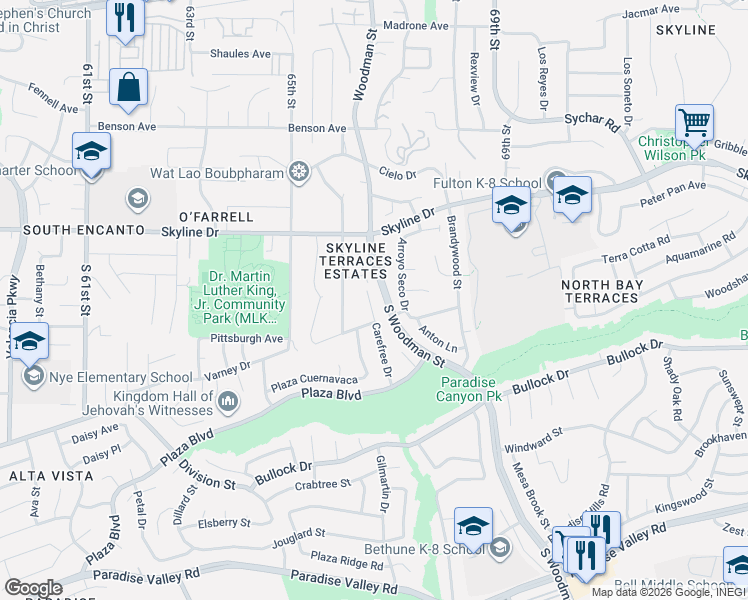 map of restaurants, bars, coffee shops, grocery stores, and more near 695 Carefree Drive in San Diego