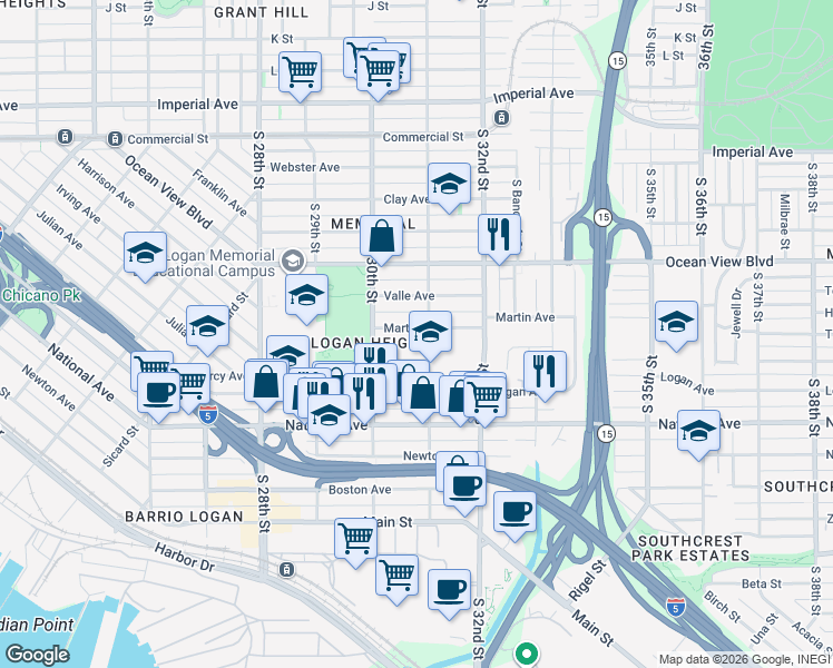 map of restaurants, bars, coffee shops, grocery stores, and more near 730 South 31st Street in San Diego