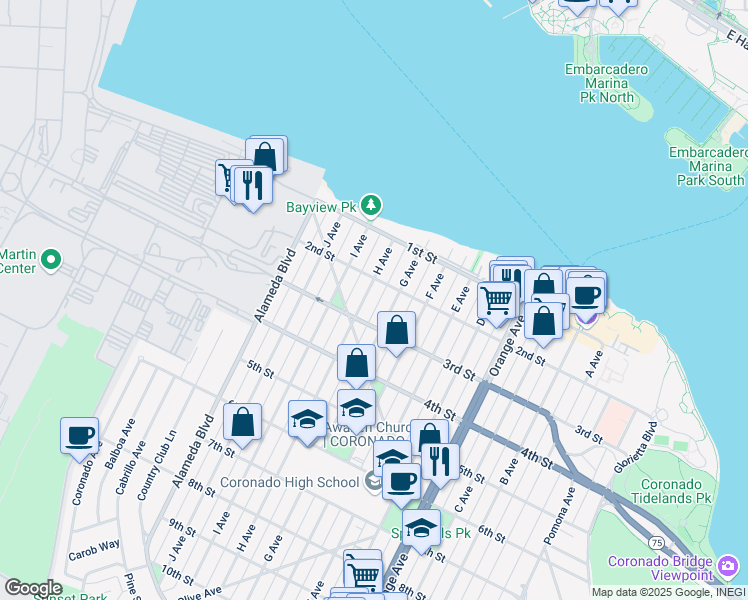 map of restaurants, bars, coffee shops, grocery stores, and more near 248 G Avenue in Coronado