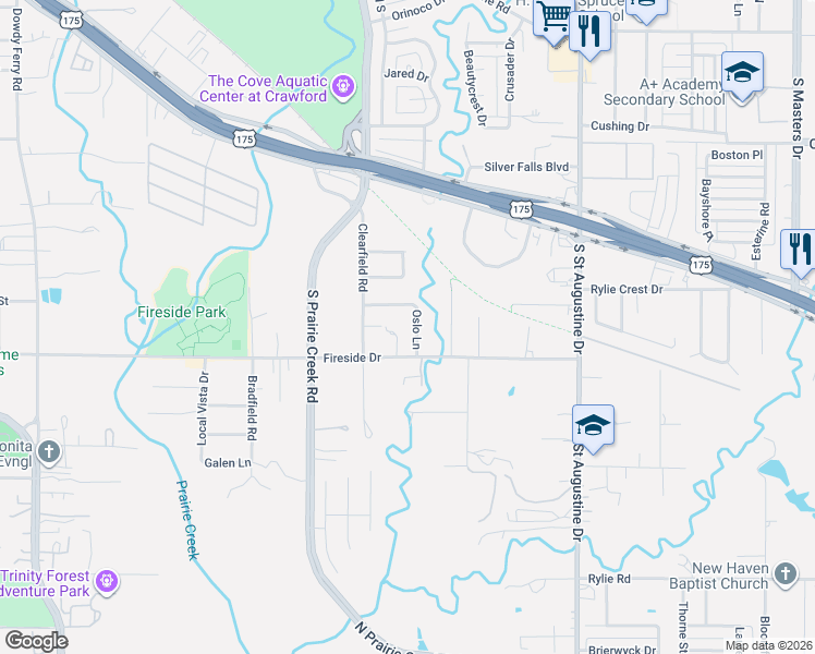 map of restaurants, bars, coffee shops, grocery stores, and more near 9021 Fireside Drive in Dallas