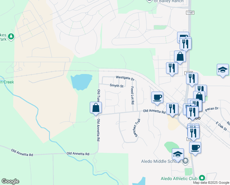 map of restaurants, bars, coffee shops, grocery stores, and more near 135 Yates Circle in Aledo