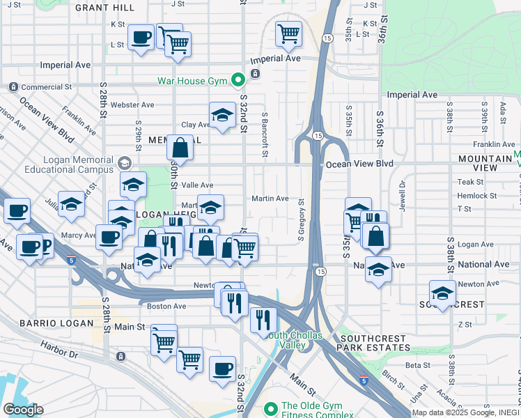 map of restaurants, bars, coffee shops, grocery stores, and more near 811 South 32nd Street in San Diego
