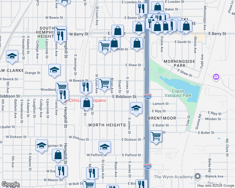 map of restaurants, bars, coffee shops, grocery stores, and more near 3500 Stuart Drive in Fort Worth