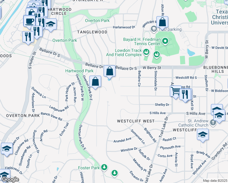 map of restaurants, bars, coffee shops, grocery stores, and more near 3508 Bellaire Park Court in Fort Worth
