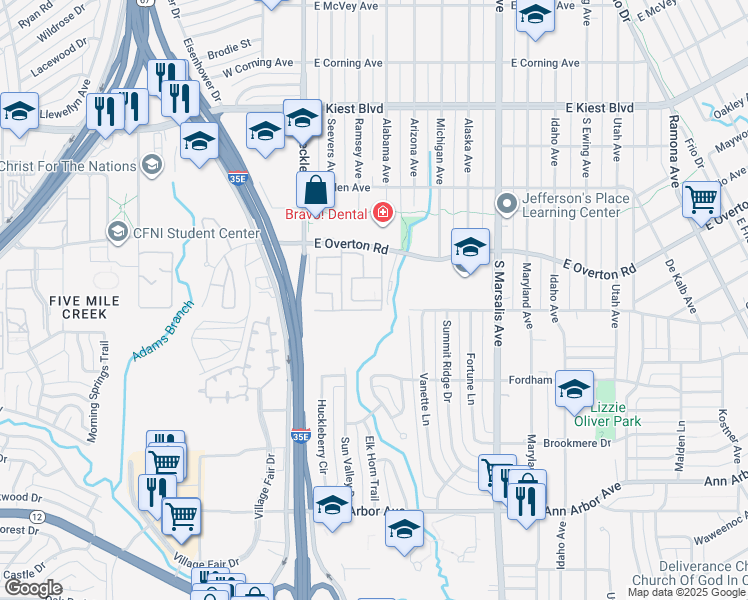 map of restaurants, bars, coffee shops, grocery stores, and more near 220 East Overton Road in Dallas