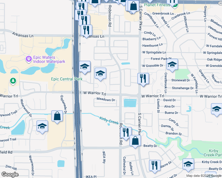 map of restaurants, bars, coffee shops, grocery stores, and more near 1031 Cedarbrook Drive in Grand Prairie