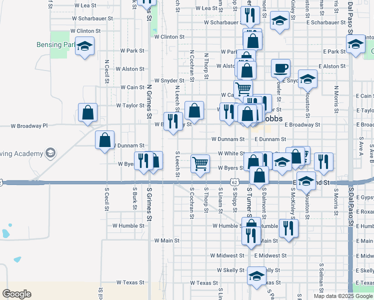 map of restaurants, bars, coffee shops, grocery stores, and more near 301 S Cochran St in Hobbs
